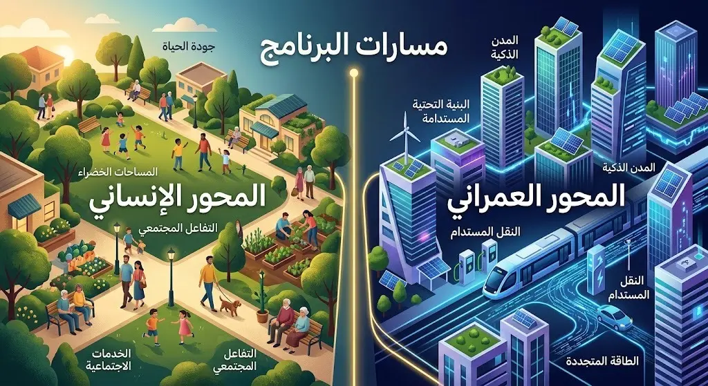تصميم إبداعي يقارن ويوضح مساري برنامج الأحياء المطورة: المحور الإنساني لتعزيز جودة الحياة، والمحور العمراني لتطوير البنية التحتية.