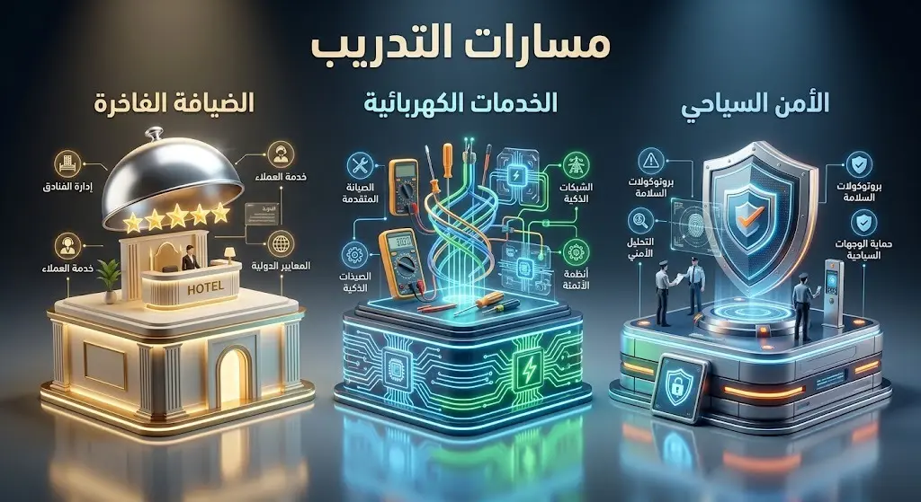 إنفوجرافيك إبداعي يوضح مسارات برنامج البحر الأحمر للتدريب المهني الثلاثة: الضيافة الفاخرة، الخدمات الكهربائية، والأمن السياحي.