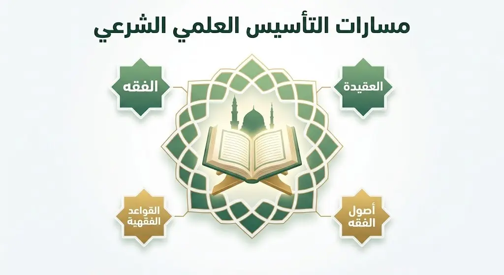 تصميم إنفوجرافيك احترافي يوضح مسارات التأسيس العلمي الشرعي في المسجد النبوي، تشمل العقيدة والفقه وأصول الفقه والقواعد الفقهية، بتصميم إسلامي حديث.