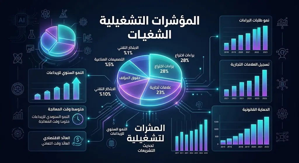 إنفوجرافيك يوضح نمو المؤشرات التشغيلية للهيئة السعودية للملكية الفكرية، مبرزاً زيادة براءات الاختراع والعلامات التجارية ومؤشر الجودة.