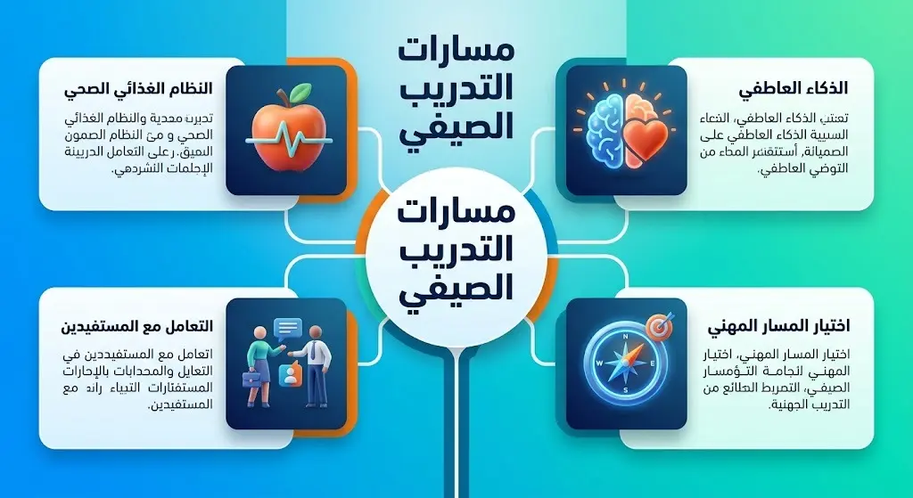 إنفوجرافيك يوضح مسارات التدريب الصيفي الأربعة لجامعة حائل: النظام الغذائي، الذكاء العاطفي، فن التعامل مع المستفيدين، واختيار المسار المهني.