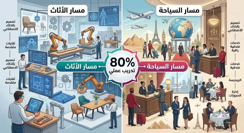 تصميم مرئي يوضح مساري التدريب المهني في برنامج عزم: تصنيع الأثاث، والسياحة والضيافة، مع إبراز نسبة التدريب العملي.