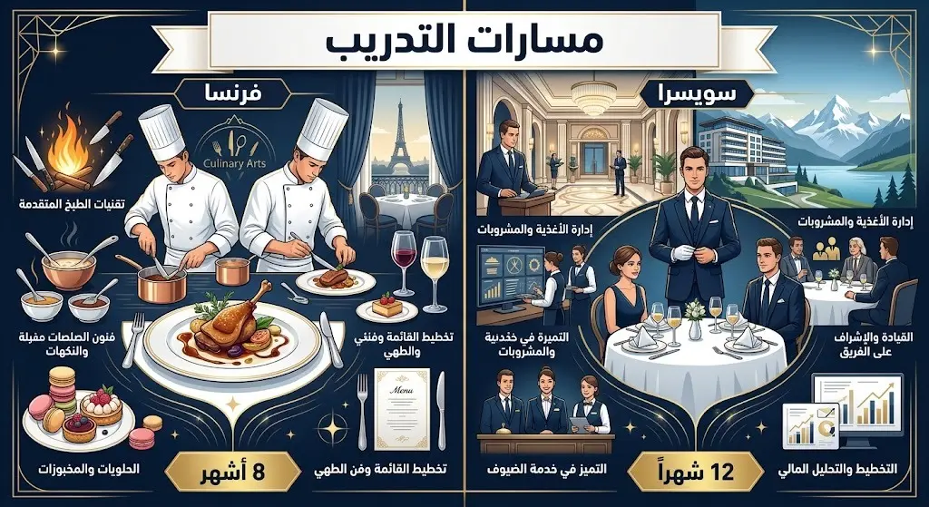 إنفوجرافيك مقارن يوضح مسارات التدريب لبرنامج الابتعاث السياحي في معاهد فرنسا وسويسرا، مع تفاصيل المدة الزمنية لكل مسار.