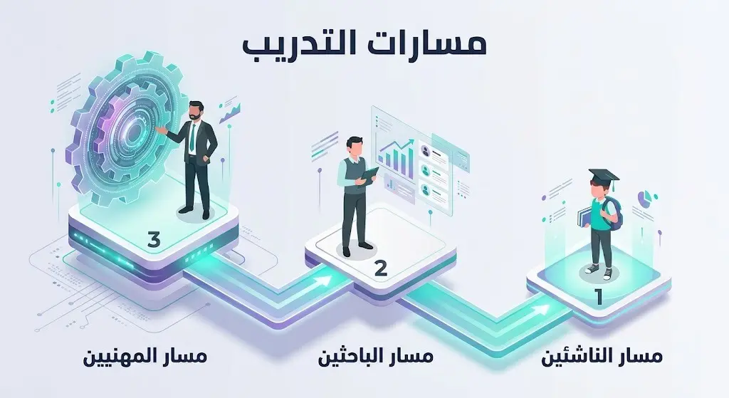 تصميم ثلاثي الأبعاد يبرز مسارات التدريب الثلاثة في المبادرة: مسار الناشئين، الباحثين، والمهنيين.