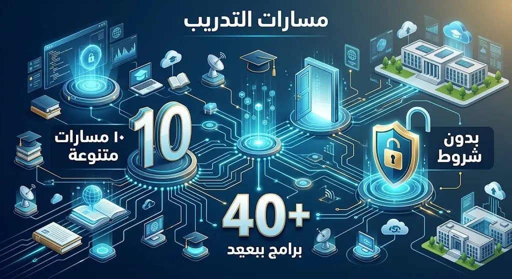 إنفوجرافيك احترافي يبرز مسارات التدريب العشرة في المعسكر الصيفي للجامعات السعودية، مع توضيح إتاحته للجميع بدون شروط.