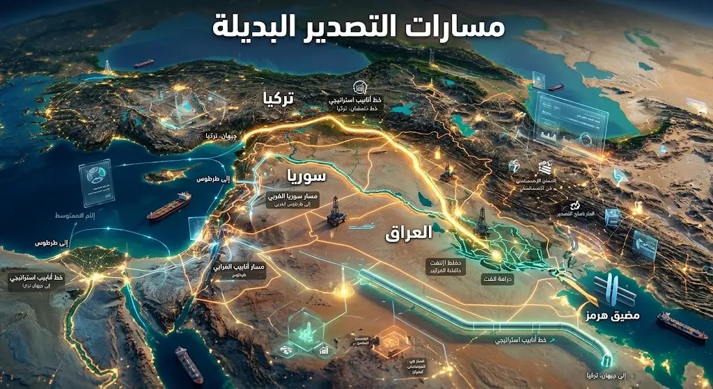 خريطة إنفوجرافيك توضح مسارات تصدير النفط العراقي البديلة عبر تركيا وسوريا لتجاوز مضيق هرمز.