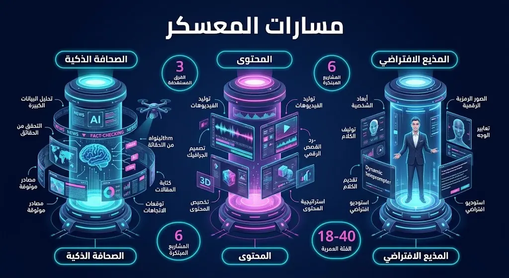 إنفوجرافيك تفاعلي يستعرض مسارات معسكر الابتكار الإعلامي الثلاثة المتعلقة بالذكاء الاصطناعي والفئات العمرية المستهدفة.