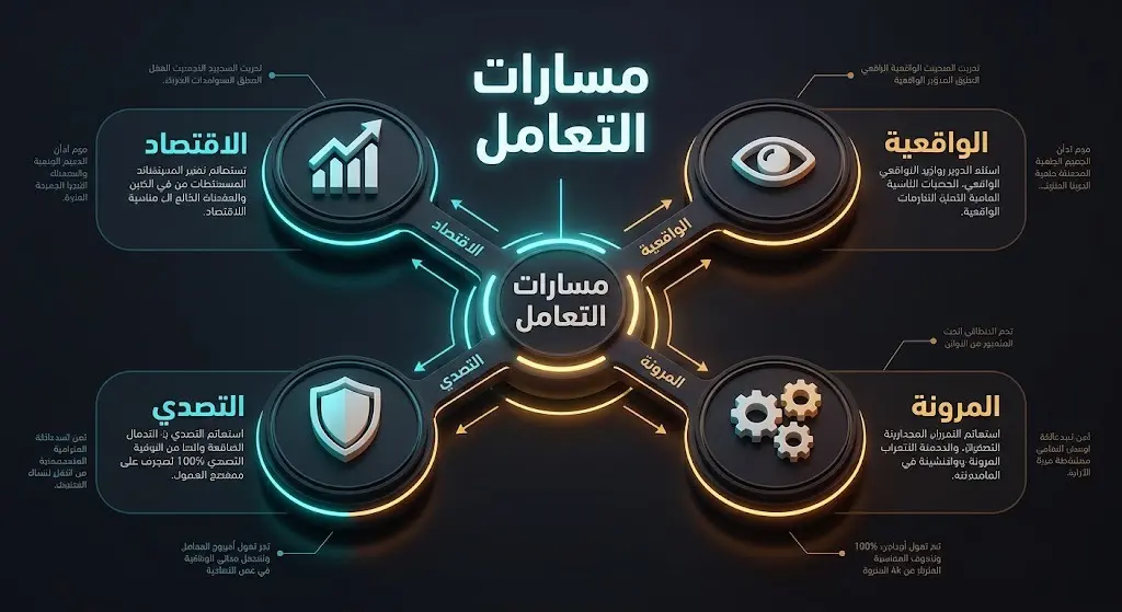 إنفوجرافيك ثلاثي الأبعاد يستعرض المسارات الأربعة للتعامل الداخلي مع الأزمة: الاقتصاد، الواقعية، التصدي للتهديدات، والمرونة الإدارية.