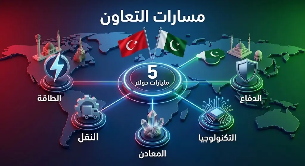 إنفوجرافيك يوضح مسارات التعاون الاستراتيجي بين تركيا وباكستان، مبرزاً هدف التبادل التجاري بقيمة 5 مليارات دولار والقطاعات الخمسة المستهدفة.