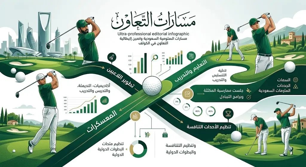 رسم بياني إبداعي يوضح مسارات التعاون وبرامج التطوير في الجولف بين السعودية وإيطاليا شاملة التدريب وتطوير اللاعبين.