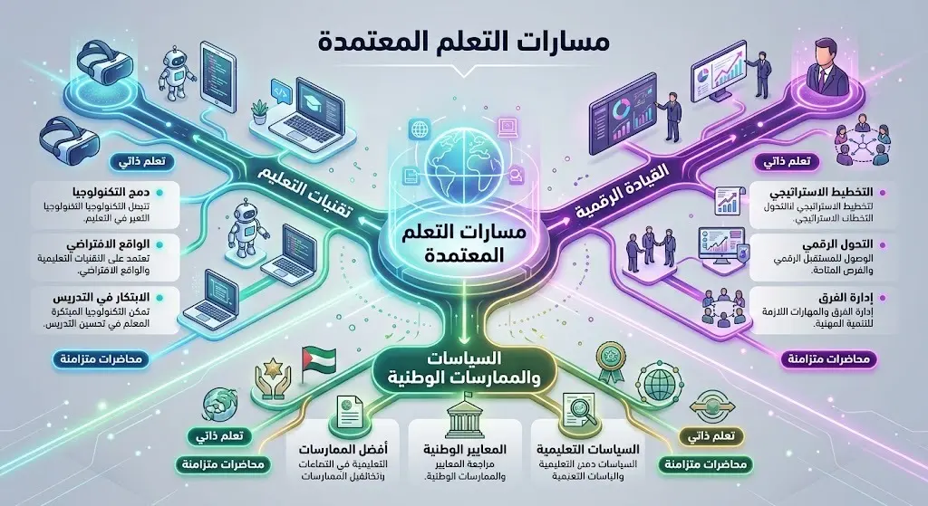 تصميم بياني يستعرض المسارات الثلاثة المعتمدة في البرنامج: تقنيات التعليم، القيادة الرقمية، والسياسات الوطنية.