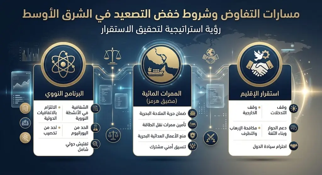 تصميم بياني يستعرض مسارات التفاوض الإقليمية وشروط التهدئة التي تشمل البرنامج النووي وأمن الممرات المائية واستقرار الإقليم.