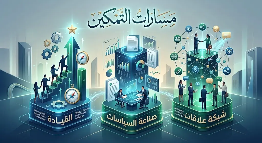 إنفوجرافيك عصري وإبداعي يوضح مسارات تمكين الشباب في برنامج وفد والتي تشمل تنمية مهارات القيادة، صناعة السياسات، وبناء شبكة علاقات عالمية.