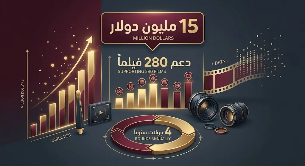 تصميم معلوماتي يوضح حجم المنح المقدمة من صندوق البحر الأحمر السينمائي، بإجمالي 15 مليون دولار وأكثر من 280 فيلماً مدعوماً.