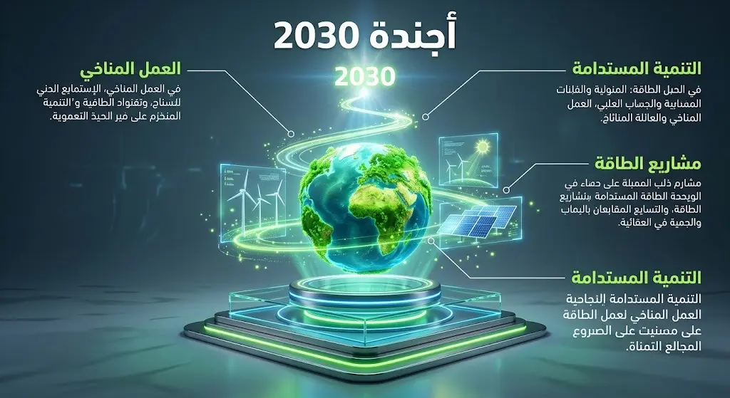 إنفوجرافيك ثلاثي الأبعاد يستعرض مسارات العمل المناخي ومشاريع الطاقة المستدامة وأهداف أجندة 2030.