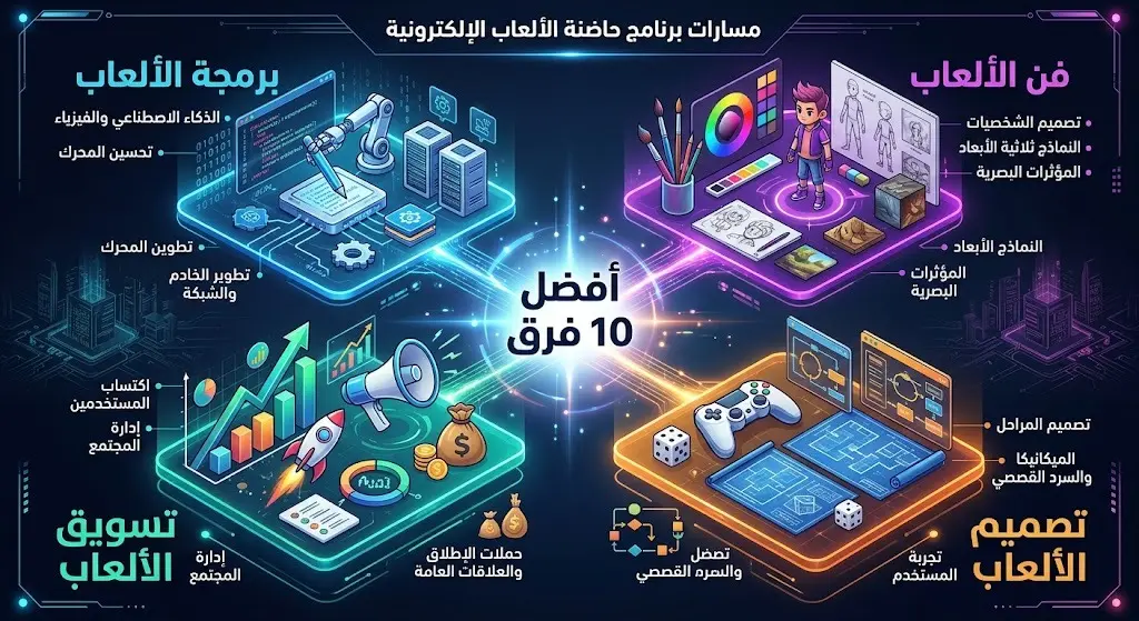 إنفوجرافيك يستعرض المسارات الأربعة الرئيسية للبرنامج: برمجة، فن، تصميم، وتسويق الألعاب، مع الإشارة إلى تأهل أفضل 10 فرق للحاضنة.