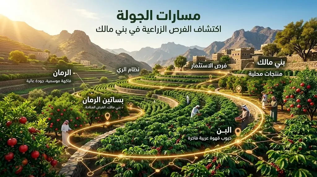 تصميم فني يوضح مسارات الجولة الميدانية في مزارع البن والرمان بمدرجات بني مالك الزراعية.