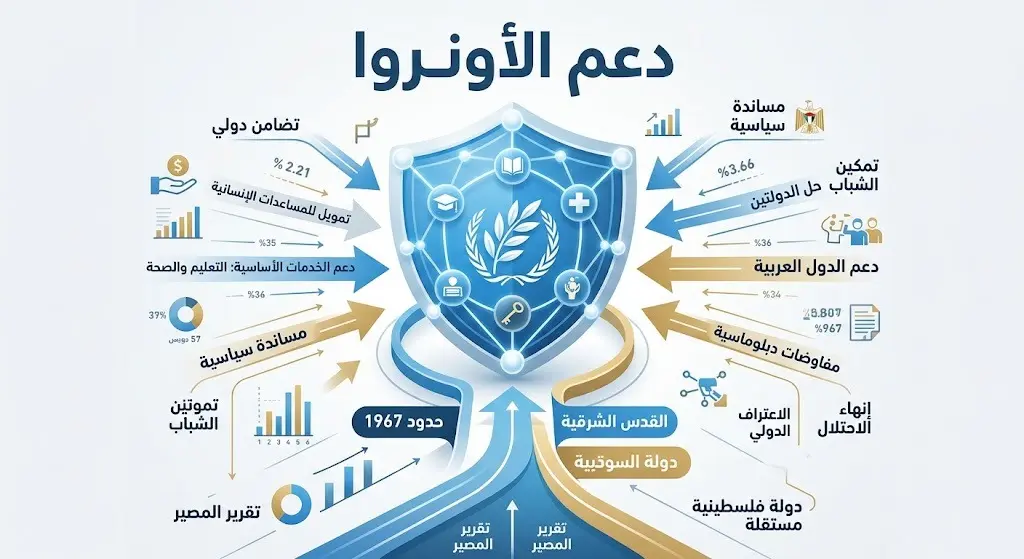 تصميم بصري احترافي يوضح مسارات الدعم العربي والإقليمي لوكالة الأونروا، مع إشارات بصرية وكلمات مفتاحية تؤكد على التمسك بحدود 1967 والقدس الشرقية.