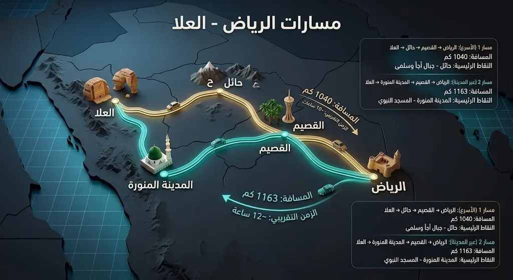 إنفوجرافيك يوضح مسارات الرحلة البرية من الرياض إلى العلا عبر القصيم وحائل أو المدينة المنورة، متضمناً تفاصيل المسافات.