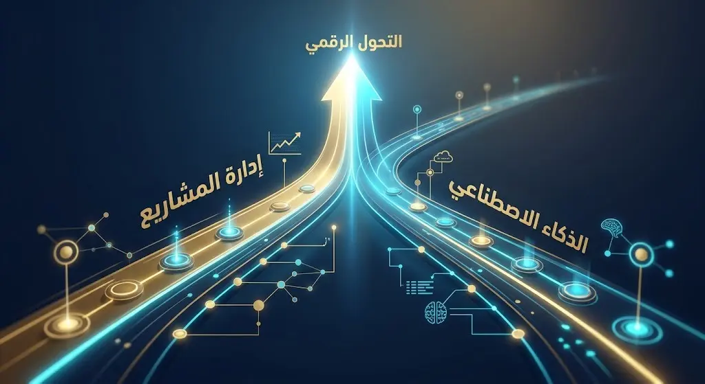 تصميم إنفوجرافيك يوضح اندماج مساري إدارة المشاريع والذكاء الاصطناعي لدعم التحول الرقمي.