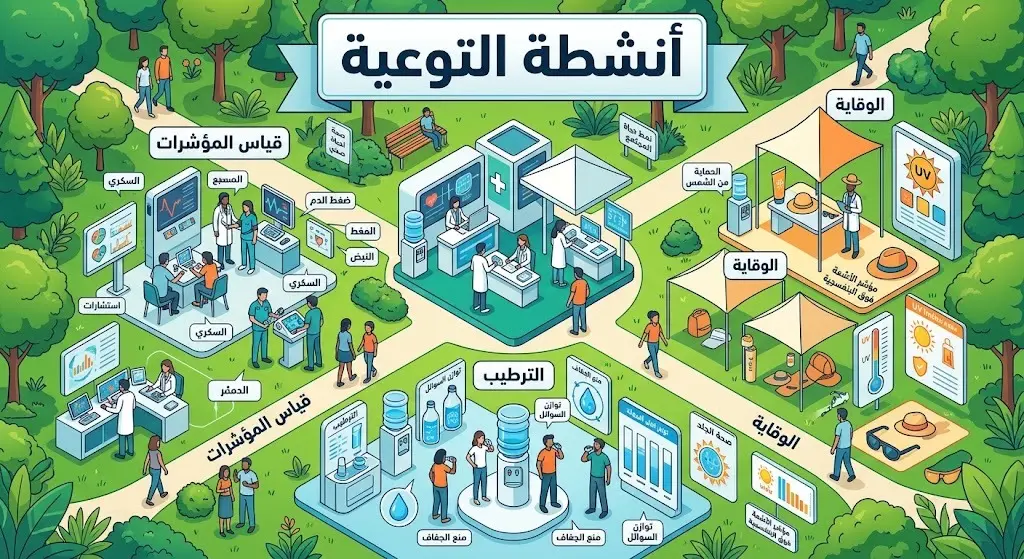 تصميم إنفوجرافيك يوضح الأنشطة التوعوية والطبية في المتنزهات العامة تشمل قياس العلامات الحيوية والتوعية بمخاطر الصيف.