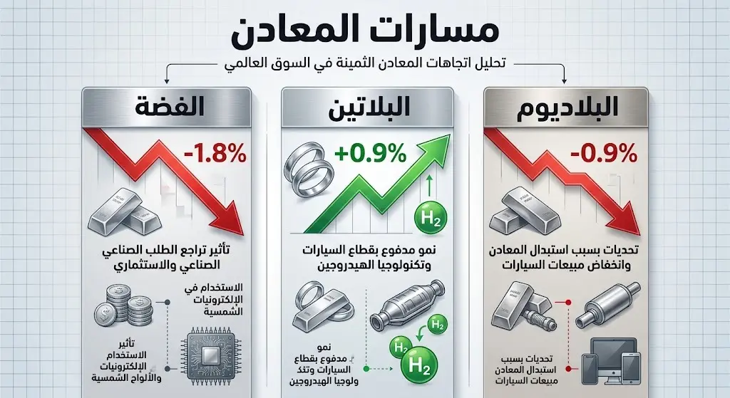 رسم بياني مقارن يظهر مسارات الفضة والبلاتين والبلاديوم ونسب التغير المتباينة في أسعارها