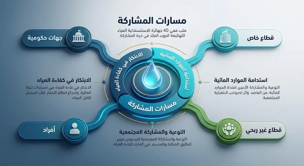 إنفوجرافيك ثلاثي الأبعاد يوضح مسارات المشاركة الثلاثة والفئات الأربع المستهدفة لجائزة مائي بتصميم عصري يعتمد على تدرجات اللون الأزرق.