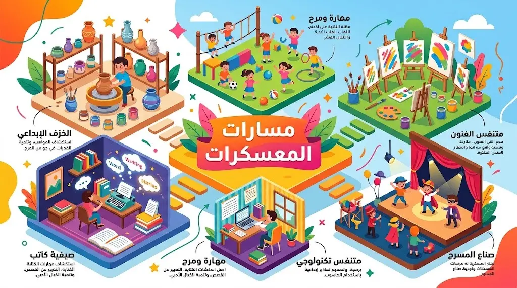 إنفوجرافيك يستعرض مسارات المعسكرات الصيفية الخمسة التي يقدمها بيت الثقافة في جازان، وتشمل الخزف، مهارات الأطفال، الفنون، الكتابة، والمسرح.