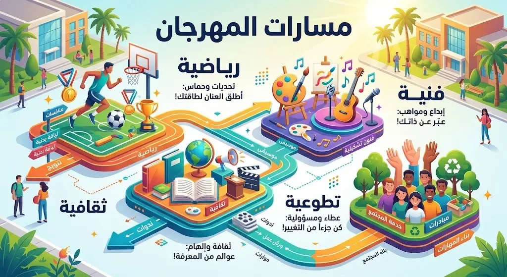 تصميم إنفوجرافيك يستعرض مسارات المهرجان الصيفي لجامعة الحدود الشمالية، متضمناً الأنشطة الرياضية والثقافية والفنية والتطوعية.