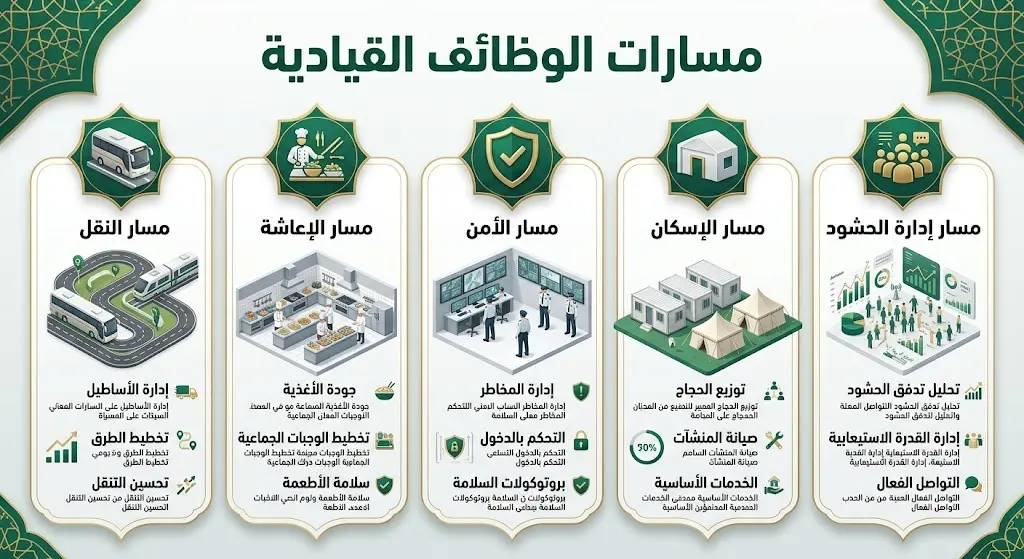 إنفوجرافيك احترافي يوضح مسارات الوظائف القيادية المتاحة لموسم حج 1448هـ مثل الإعاشة والنقل والأمن.