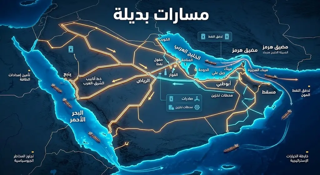 خريطة إنفوجرافيك ثلاثية الأبعاد توضح مسارات النفط البديلة لدول الخليج لتجاوز أزمة مضيق هرمز