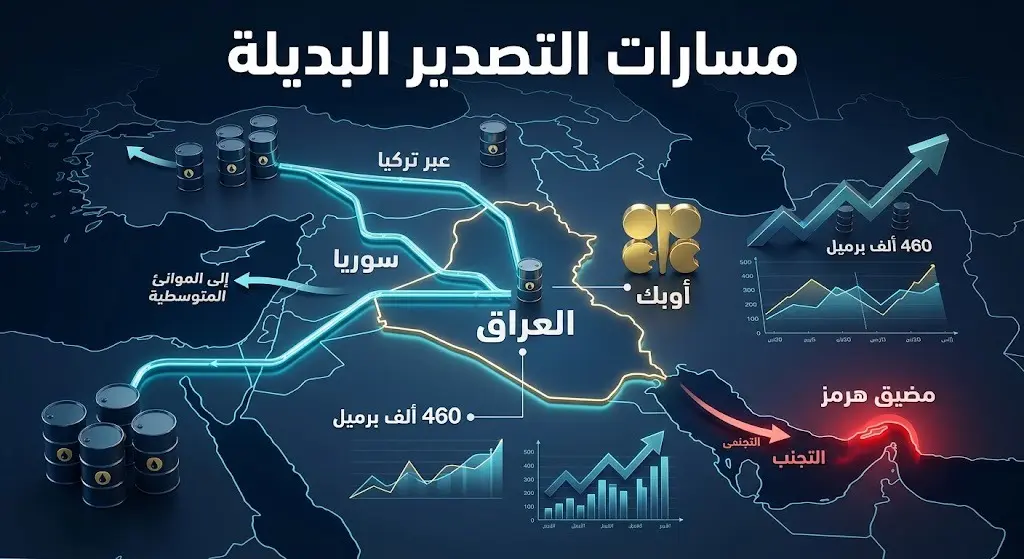 خريطة إنفوجرافيك توضح مسارات تصدير النفط العراقي الجديدة عبر سوريا وتجاوز مضيق هرمز، مع مؤشرات لحصص أوبك.