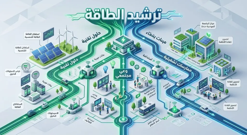 رسم معلوماتي يوضح مسارات ترشيد استهلاك الطاقة في جامعة جازان، والتي تشمل الحلول التقنية، ونشر الوعي، وأفضل الممارسات التشغيلية.