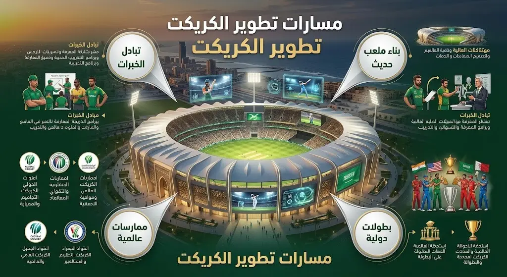 إنفوجرافيك استعرض مسارات تطوير البنية التحتية لرياضة الكريكت في السعودية، مع التركيز على بناء ملعب حديث في جدة واستضافة البطولات الدولية.