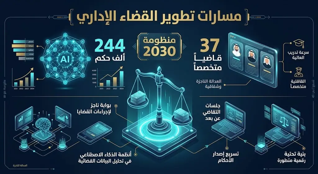 إنفوجرافيك حديث يوضح إنجازات ديوان المظالم لعام 1447هـ ومسارات التطوير الرقمي ومنظومة 2030.