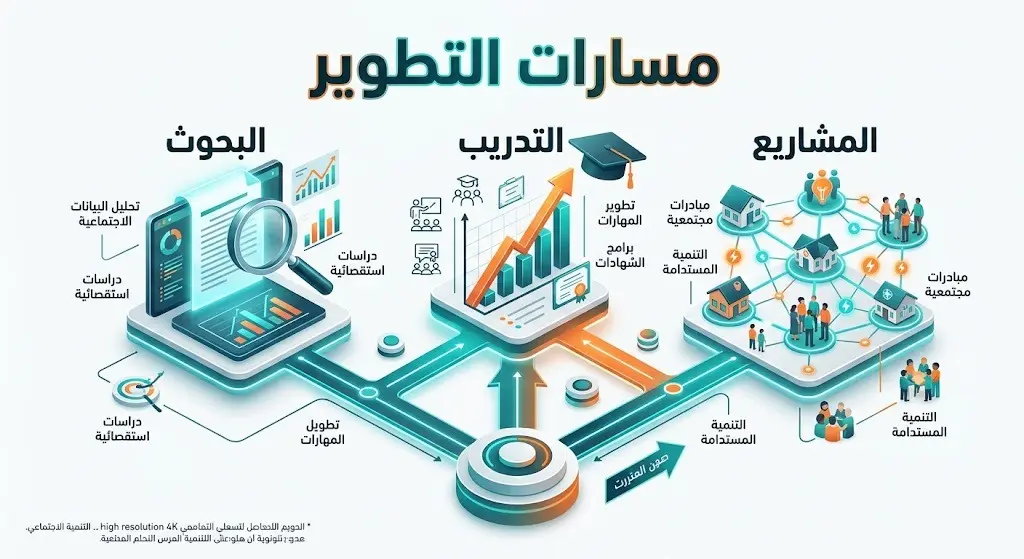 إنفوجرافيك ثلاثي الأبعاد يستعرض مسارات تطوير منظومة التنمية الاجتماعية الثلاثة: البحوث، التدريب، والمشاريع.