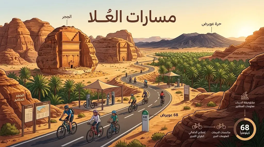 تصميم فني ومخطط بياني يدمج مسارات الدراجات الهوائية مع معالم العُلا التاريخية مثل الحِجر ومزارع النخيل