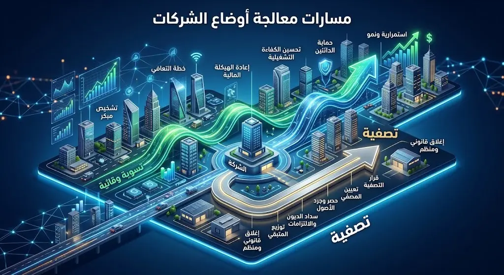 رسم توضيحي ثلاثي الأبعاد يبرز مسارات معالجة الأوضاع التجارية المختلفة مثل التسوية الوقائية والتصفية.