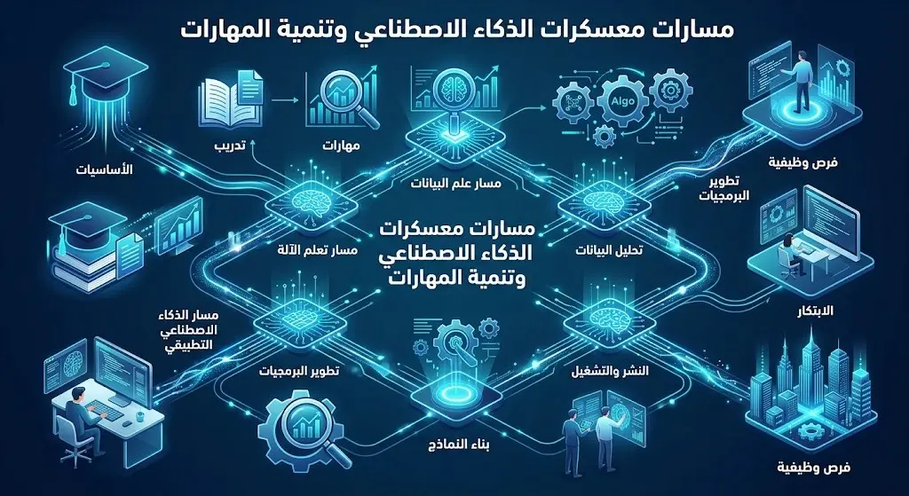 رسم معلوماتي يوضح مسارات معسكر الذكاء الاصطناعي والمهارات التقنية والبحثية