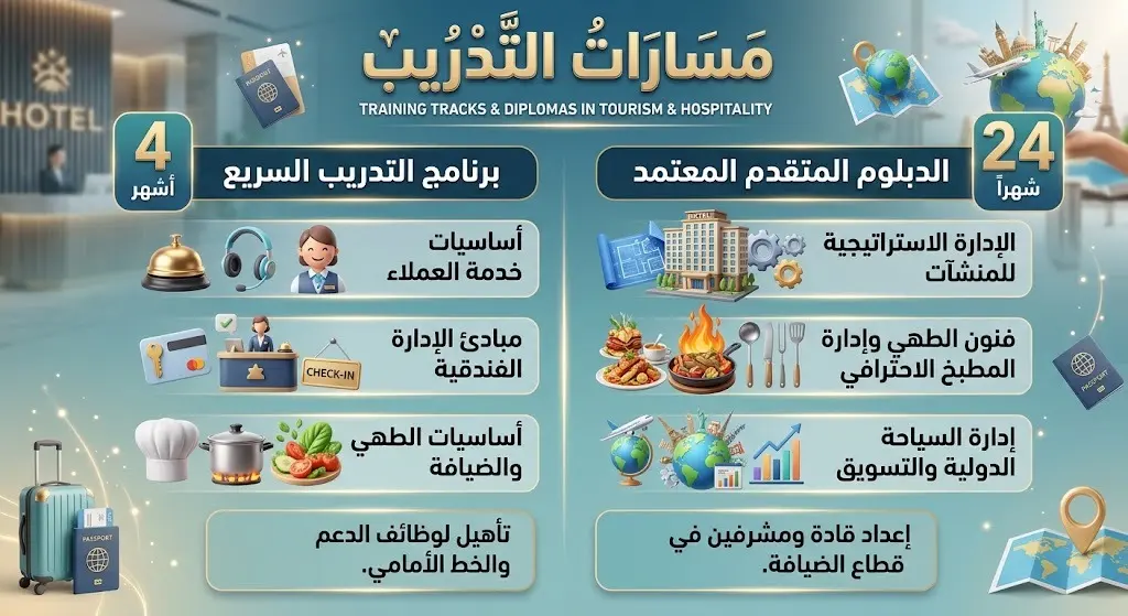 إنفوجرافيك احترافي يعرض مسارات التدريب والدبلومات في المعهد العالي للسياحة والضيافة، موضحاً البرامج القصيرة لمدة 4 أشهر والدبلوم المتقدم لمدة 24 شهراً.