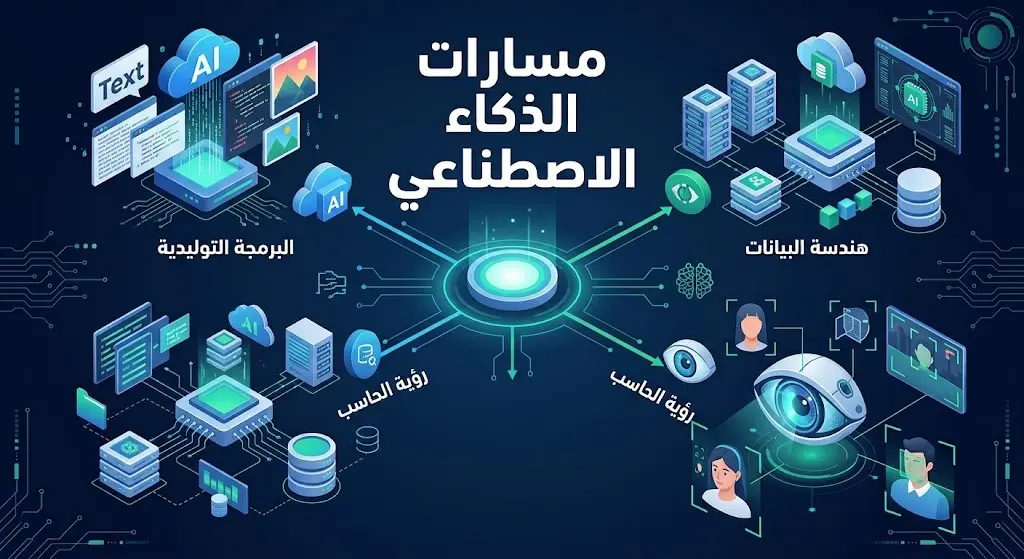 إنفوجرافيك إبداعي يوضح المسارات التقنية المتنوعة لمعسكرات سدايا للذكاء الاصطناعي مثل البرمجة التوليدية، هندسة البيانات، ورؤية الحاسب.