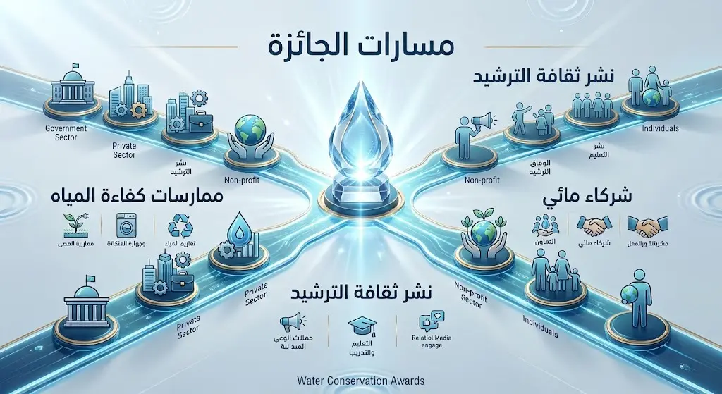 إنفوجرافيك يوضح مسارات وفئات جائزة مائي لكفاءة وترشيد المياه للقطاعات الحكومية والخاصة والأفراد.