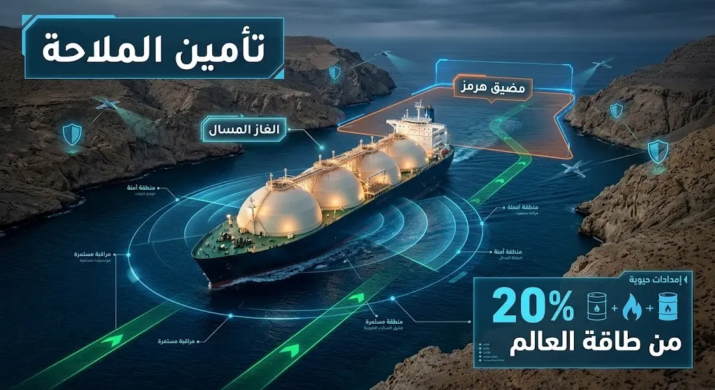 تصميم فني يدمج بين ناقلة غاز طبيعي مسال تعبر مضيق هرمز وواجهات رادار استراتيجية مضيئة توضح مساعي تأمين الملاحة وحركة الشحن.