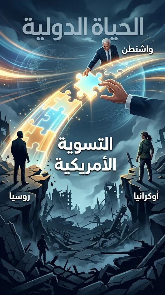 رسم تعبيري يجسد مساعي الإدارة الأمريكية للتوسط في إنهاء الحرب الروسية الأوكرانية وسط دمار النزاع.