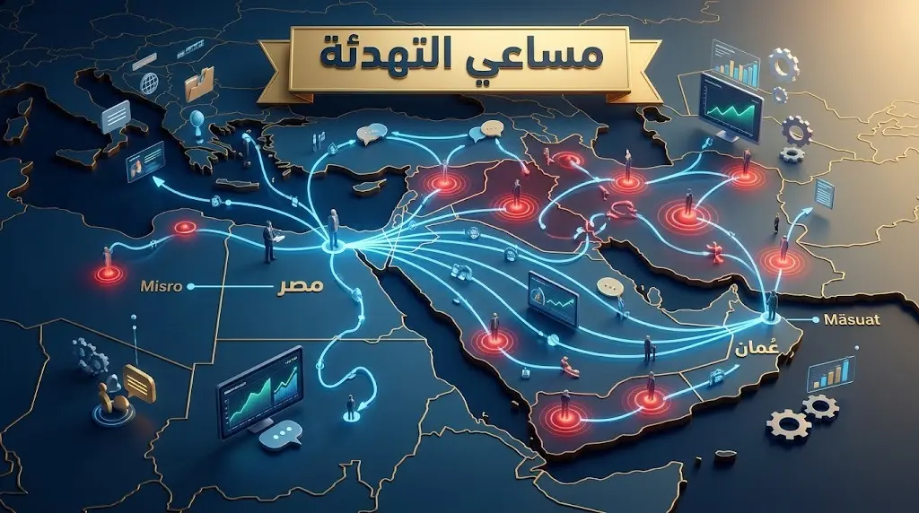 تصميم إنفوجرافيك يوضح خريطة الشرق الأوسط مع خطوط تواصل مضيئة باللون الأزرق بين مصر وعُمان ترمز لجهود التهدئة الدبلوماسية لاحتواء بؤر التوتر.