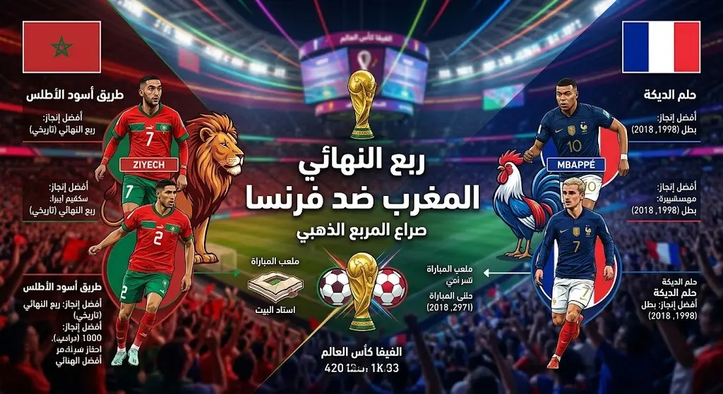 تصميم رياضي يعبر عن المواجهة الحاسمة بين منتخبي المغرب وفرنسا في ربع نهائي المونديال