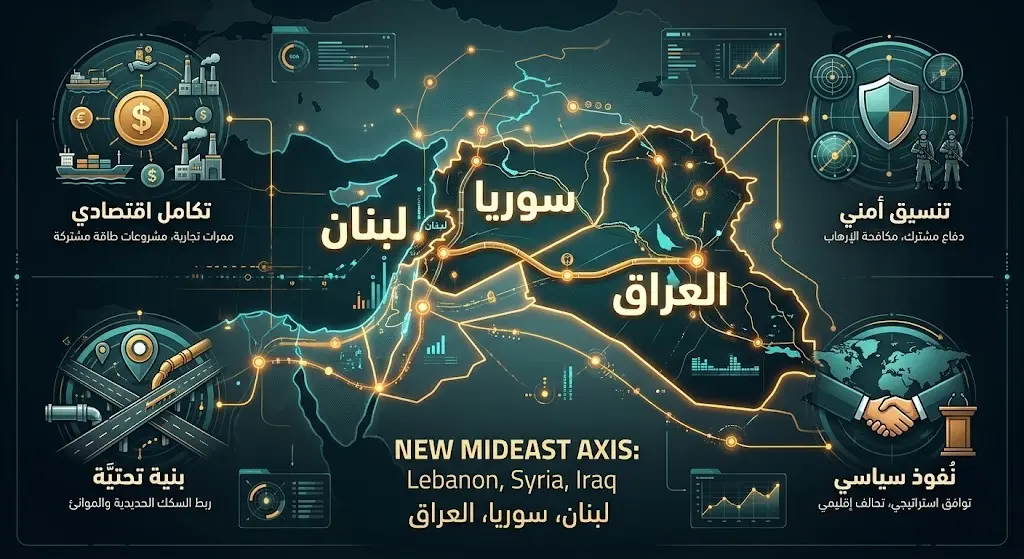 خريطة تفاعلية أو رسم بياني يربط بين لبنان وسوريا والعراق لتوضيح المحور الإقليمي الجديد الذي تدعمه واشنطن في الشرق الأوسط.