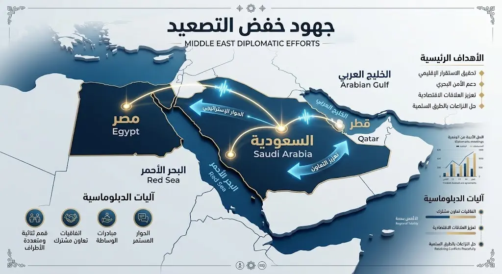 خريطة إنفوجرافيك توضح مسار الاتصالات الدبلوماسية بين السعودية ومصر وقطر لتأمين الملاحة في الخليج العربي والبحر الأحمر.
