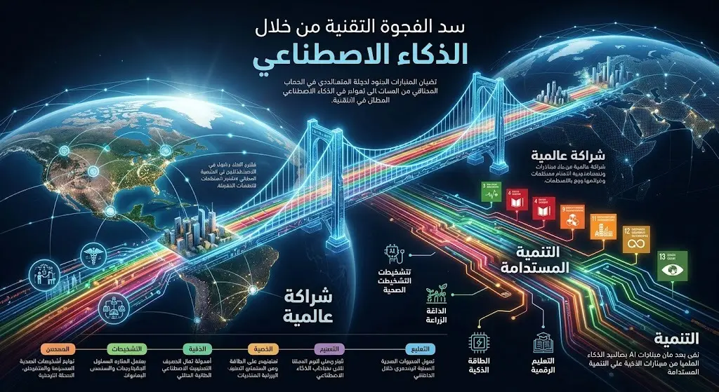 تصميم بصري إبداعي يجسد مساعي سد الفجوة التقنية عالمياً وارتباط الذكاء الاصطناعي بأهداف التنمية المستدامة.
