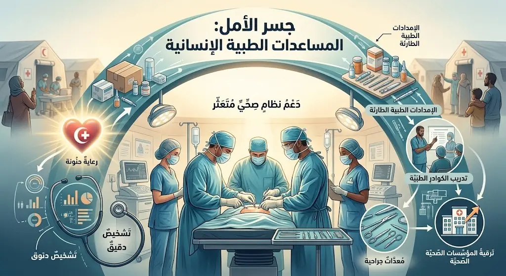 تصميم تعبيري يبرز جهود الطواقم الطبية في مساندة القطاع الصحي الفلسطيني وتقديم الرعاية العاجلة لإنقاذ الأرواح في غزة.